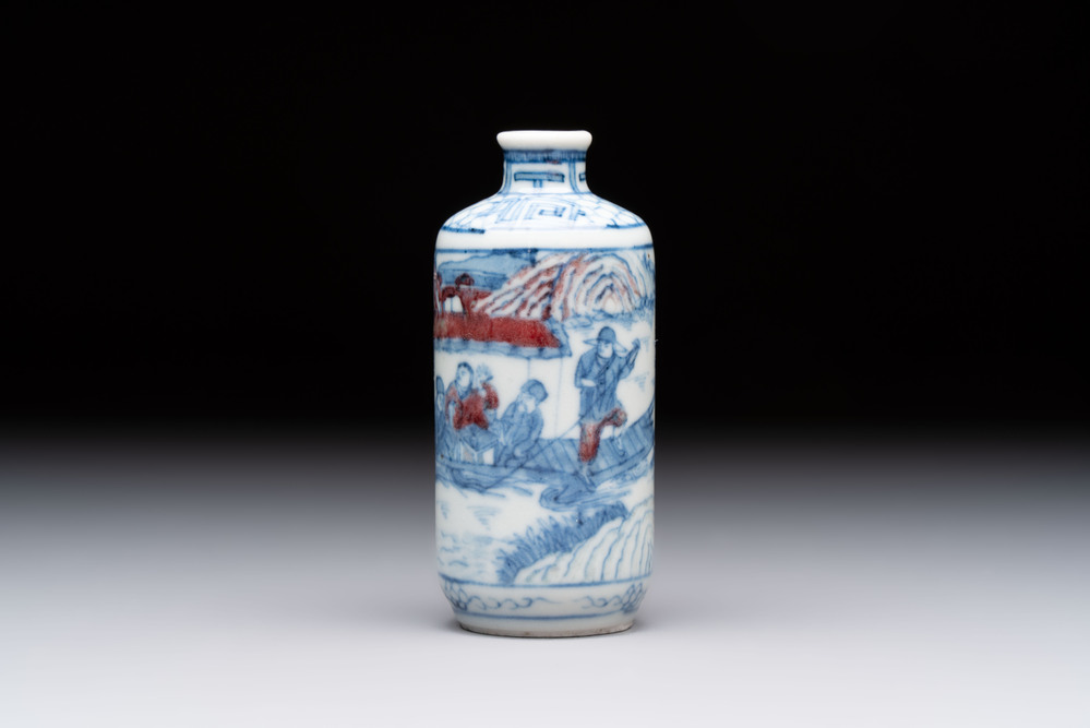 A Chinese blue, white and copper-red 'Ye You Chi Bi 夜遊赤壁' snuff bottle, signed Li Guisheng 李桂生, 19th C.
