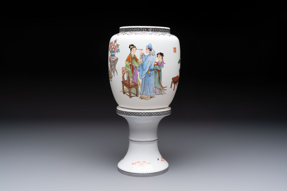 A Chinese famille rose 'Jing Zhao Hua Mei 京兆畫眉' eggshell lantern on stand, dated 1979