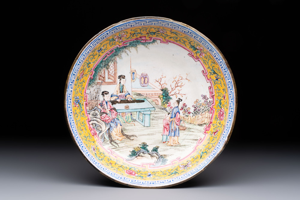 A Chinese Canton enamel 'San Niang Jiao Zi 三娘教子' plate, Shang Xin 賞心 mark, Qianlong