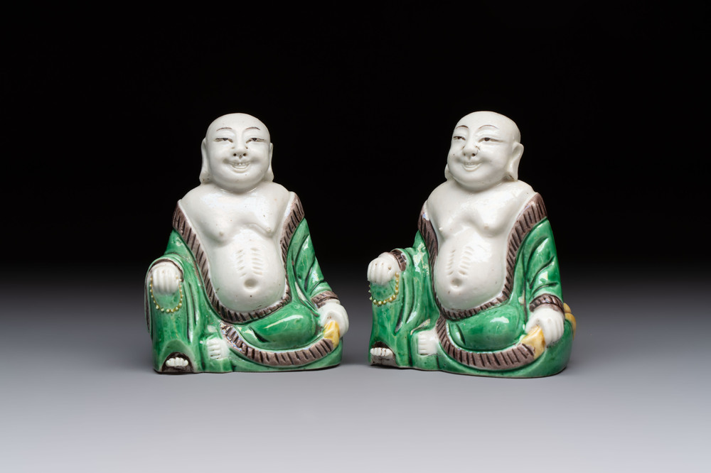 A pair of Chinese verte biscuit Milefo Buddhas, 19th C.