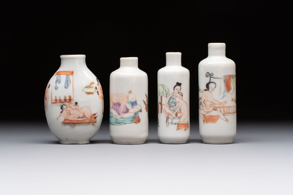 Four Chinese famille rose 'erotic' snuff bottles, Chenghua mark, 19th C.