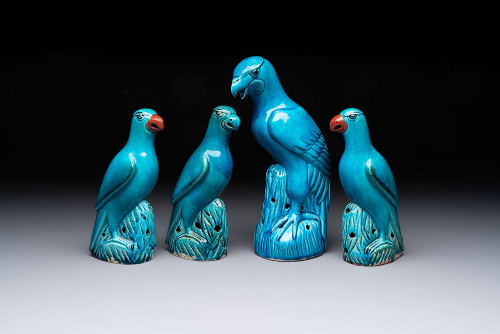 Four Chinese turquoise-glazed parrots, 19th C.