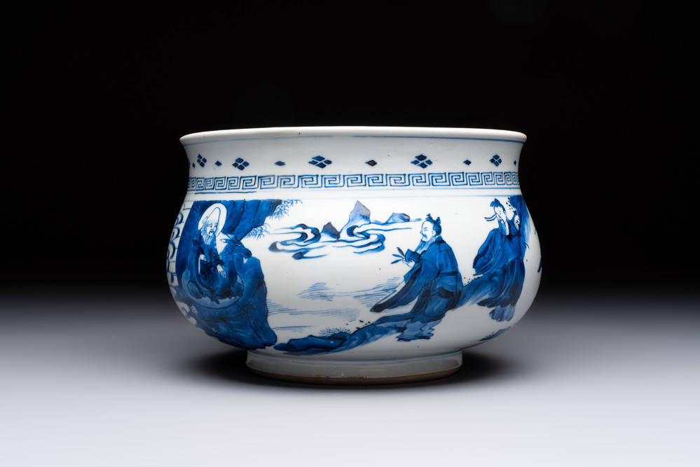 A Chinese blue and white 'Ba Xian Zhu Shou 八仙祝壽' censer, Kangxi