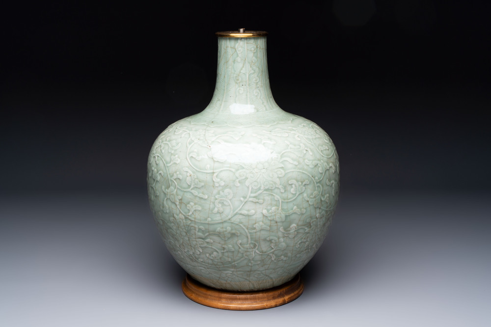 A Chinese celadon-glazed 'lotus scroll' globular vase mounted as lamp, 19th C.