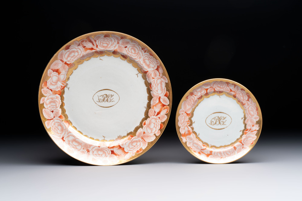 A Chinese Canton gilt-iron-red monogrammed dish and a plate, 18th C.
