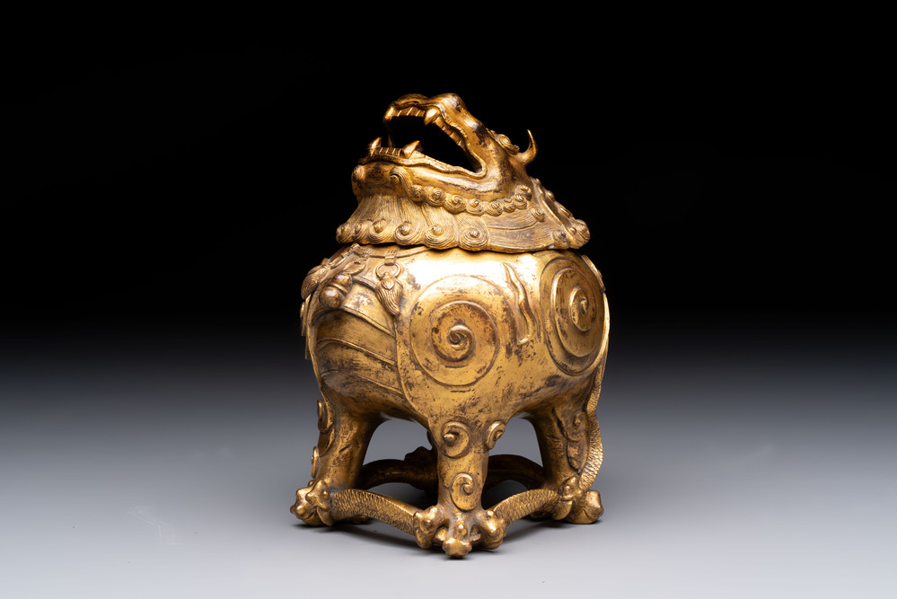 A finely cast Chinese gilt-bronze 'luduan' censer, possibly Ming