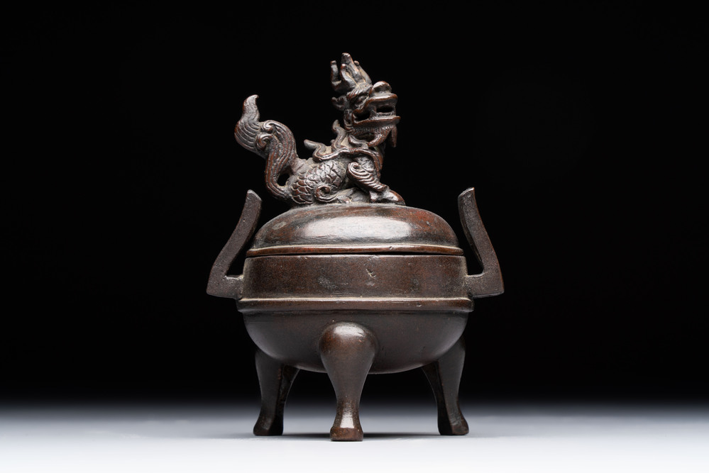 A Chinese archaistic miniature bronze 'qilin' tripod censer and cover, 'ding 鼎', Yuan/Ming