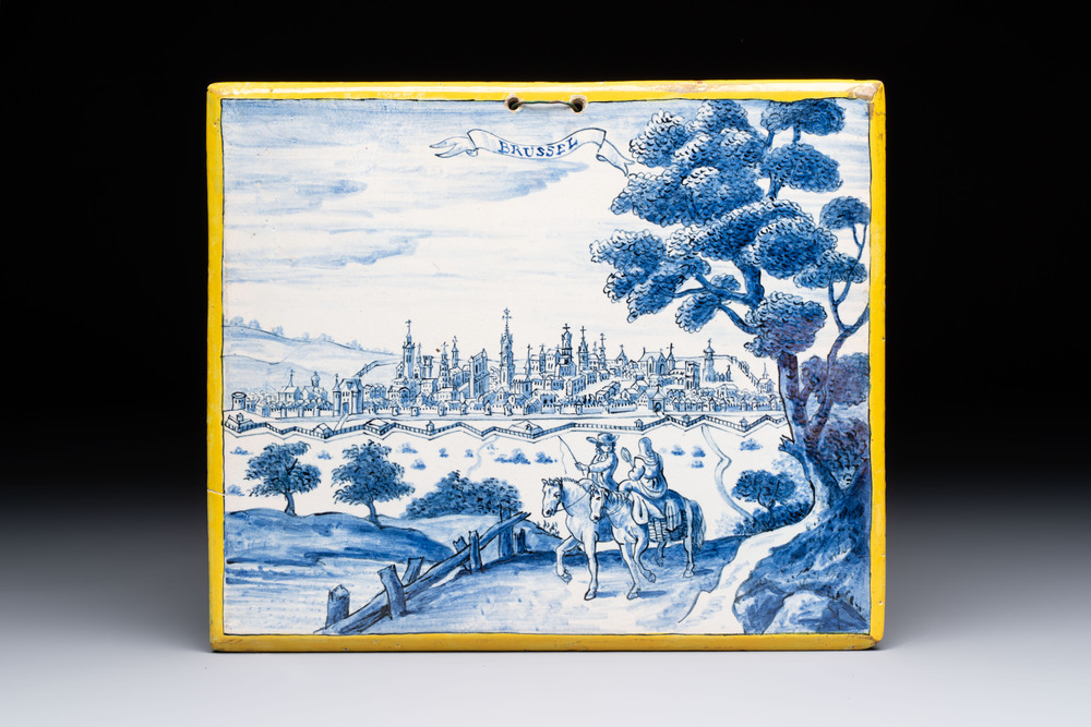 A blue and white Dutch Delft 'View of Brussels' plaque, 19th C.