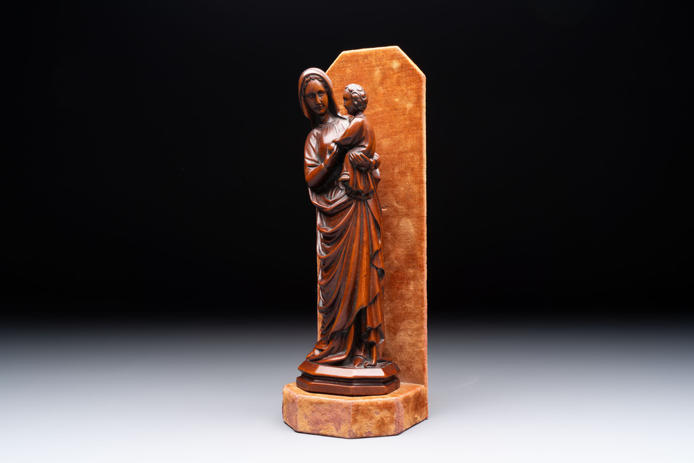 A carved boxwood sculpture of Madonna and Child, France or Italy, 19th C.