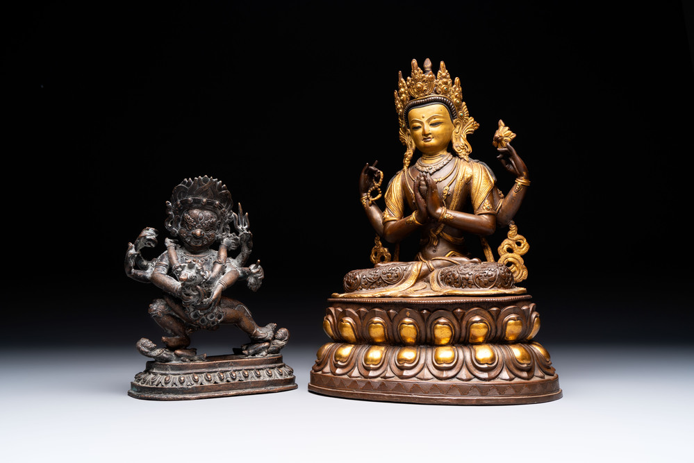 A Tibetan or Nepalese turquoise-inlaid partly-gilt bronze figure of White Tara and a figure of Makahala, 20th C.