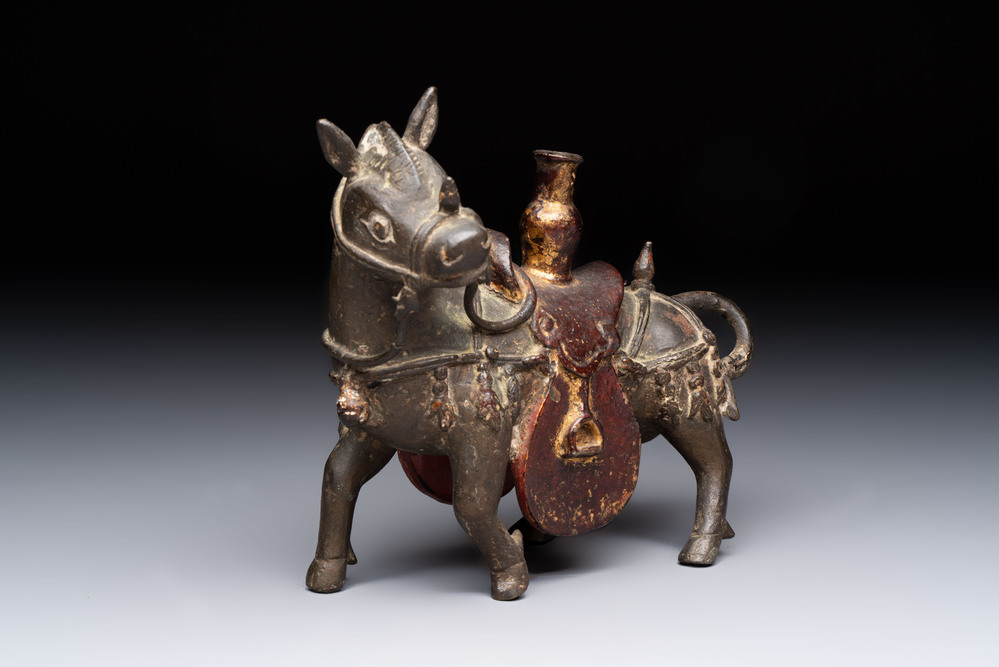 A rare Chinese partly gilt-lacquered bronze horse-from incense holder, Yuan/early Ming