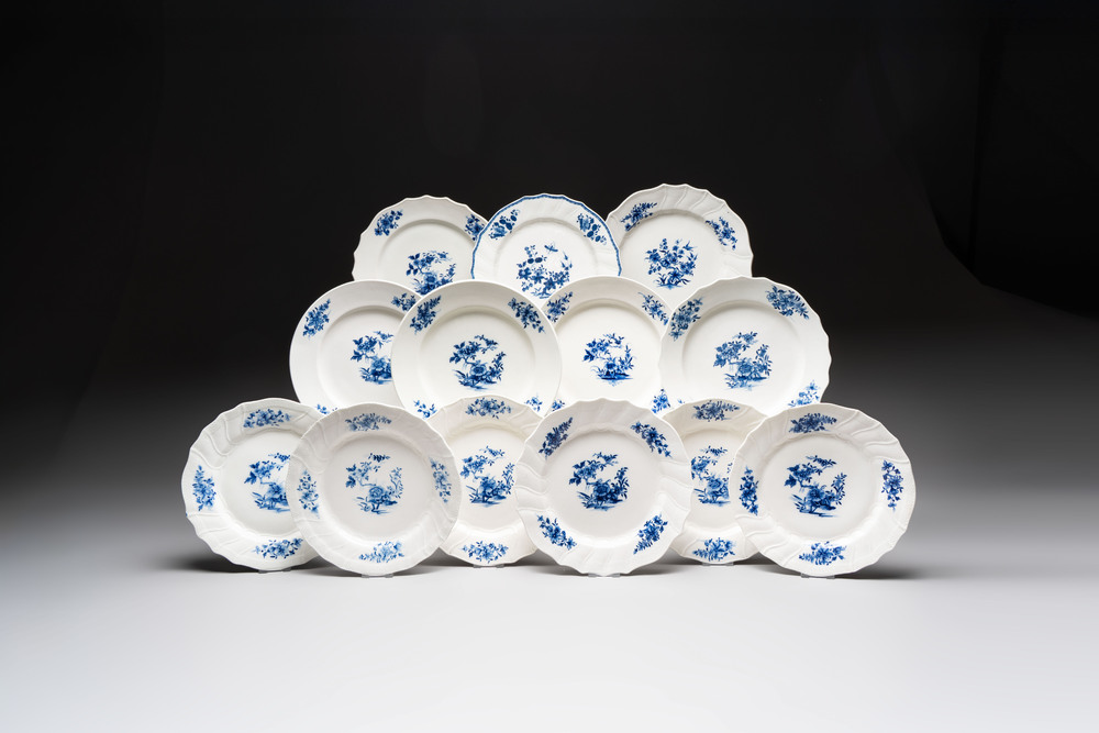 13 blue and white Tournai porcelain plates with floral design, 18/19th C.
