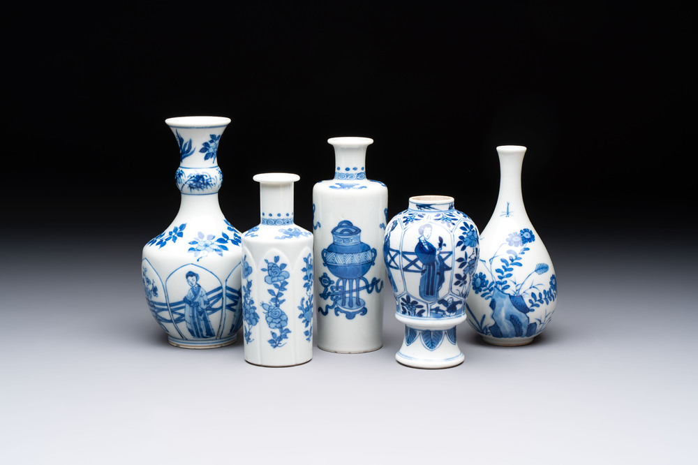 Five Chinese blue and white vases, jade 玉 marks, Kangxi and later