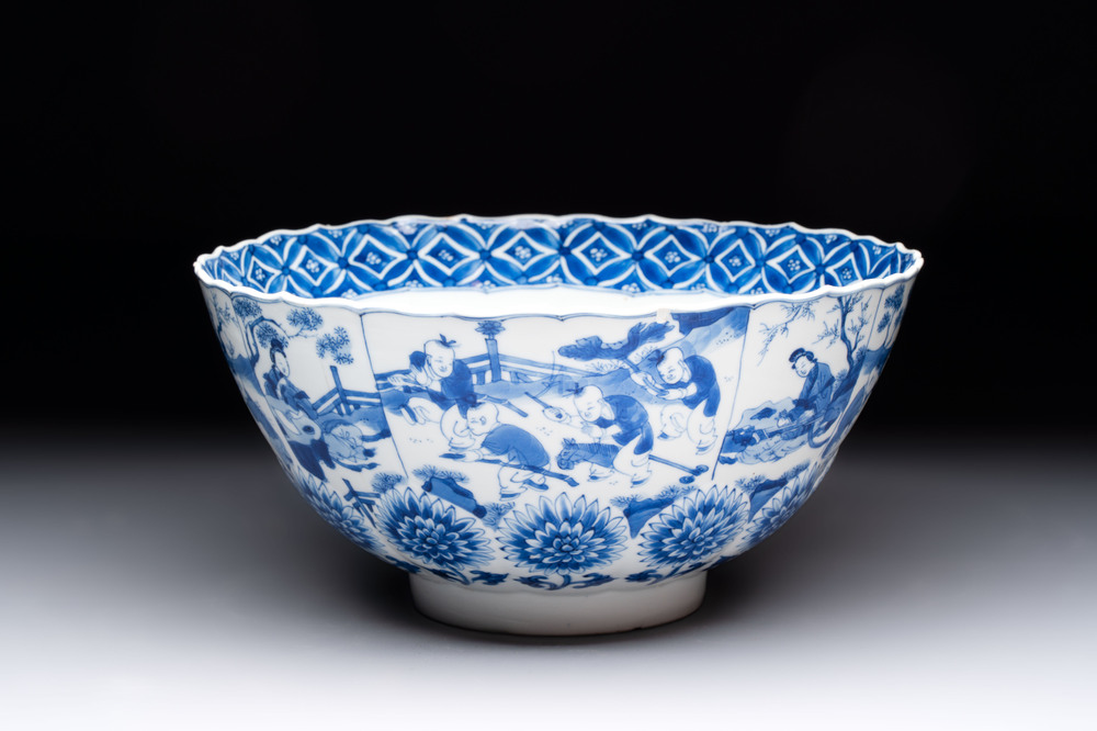 A Chinese blue and white molded bowl with elegant beauties and playing boys, Qi Yu Bao Ding Zhi Zhen 奇玉寶鼎之珍 mark, Kangxi