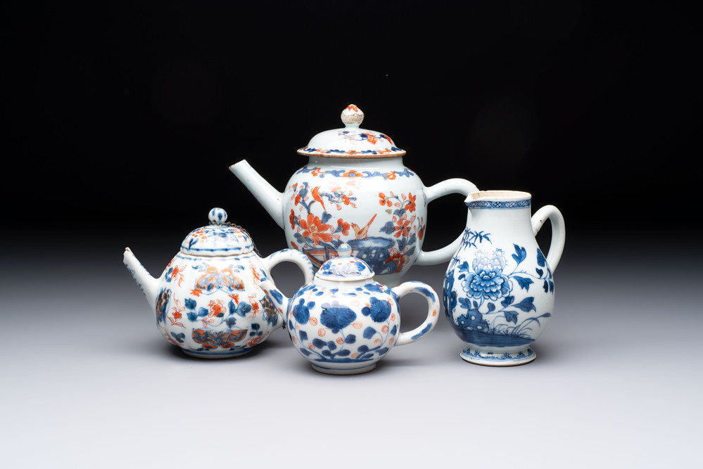 Three Chinese Imari-style covered teapots and a blue and white milk jug, Kangxi/Qianlong