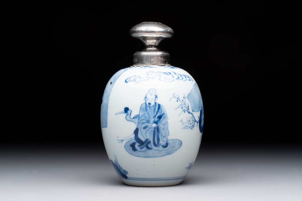 A Chinese blue and white 'Shoulao' tea caddy with silver mount and cover, Chenghua mark, Kangxi