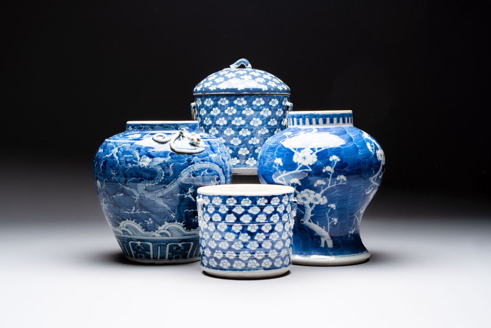 A Chinese Dehua blue and white vase, two containers and a 'prunus on cracked ice' vase, Kangxi mark, 18/19th C.