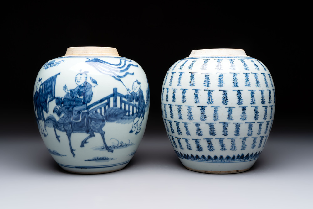 Two Chinese blue and white jars with 'Qi Lin Song Zi 麒麟送子' and 'Shou 壽' character design, 18th C.