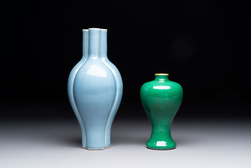 A Chinese claire-de-lune triple-neck vase and a green-glazed 'Meiping' vase, Qianlong mark, 19th C.