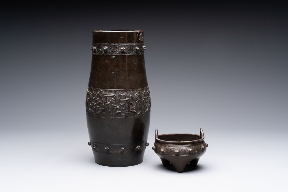 A Chinese archaistic bronze vase and a tripod censer, Yuan
