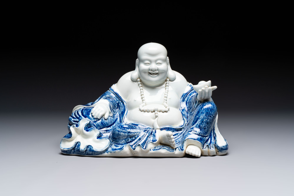 A Chinese blue and white Milefo Buddha, Zeng Long Sheng 曾龍昇 mark, 20th C.