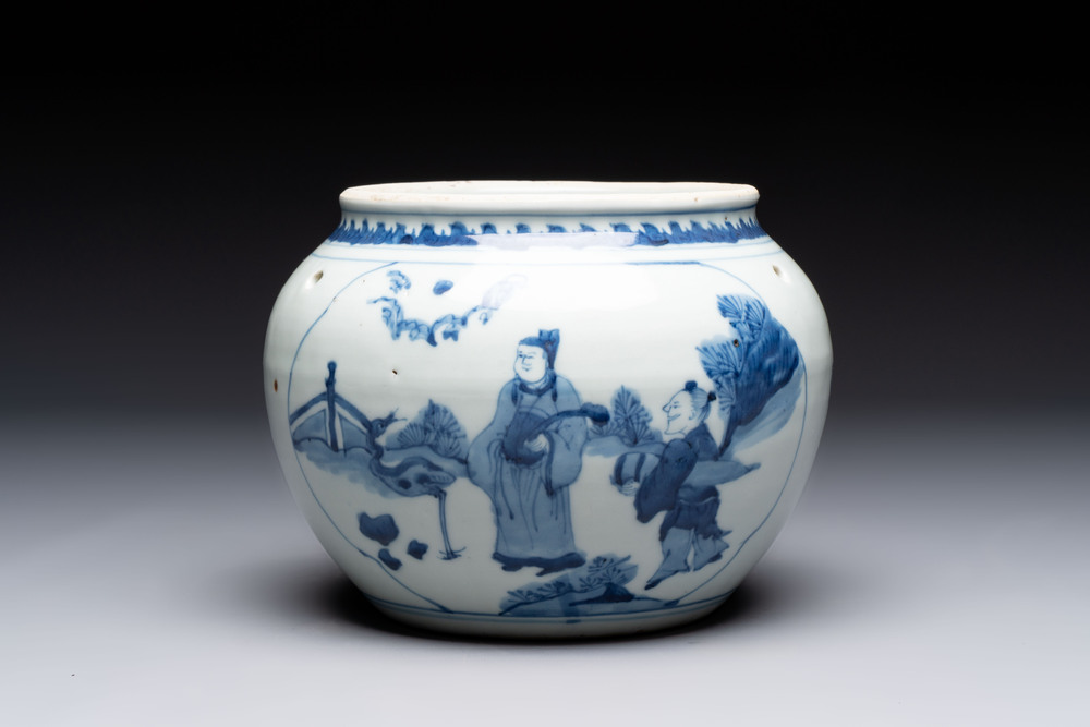 A Chinese blue and white 'Lian Sheng San Ji 連升三級&lsquo; and 'Xie Qin Fang You 攜琴訪友' bowl, Transitional style