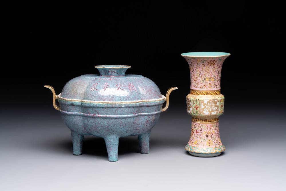 A Chinese famille rose 'gu' vase and a robin's egg-glazed tripod double-walled warming bowl, Qianlong mark, 19/20th C.
