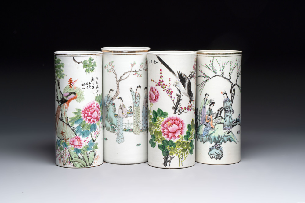 Four Chinese famille rose hat stands with figures and birds among blossoming branches, Republic