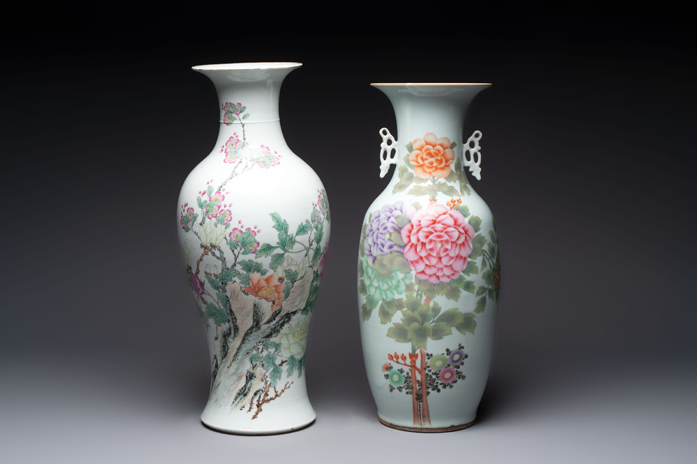 Two Chinese famille rose vases with floral design, signed Zou He Sheng 鄒和勝, Jiangxi Ciye Gongsi 江西瓷業公司 mark, 20th C.