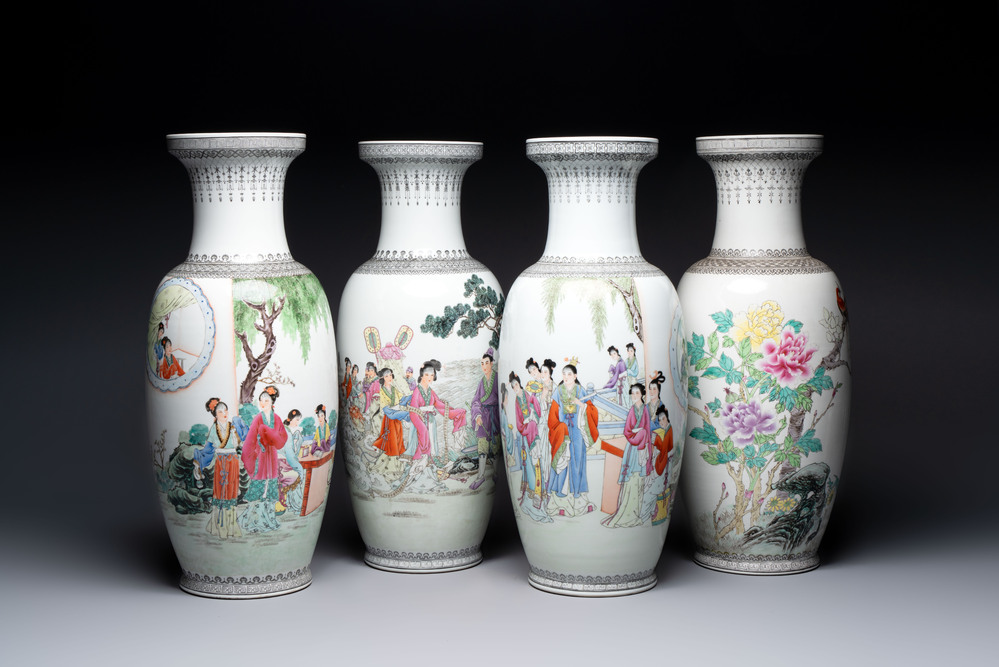 Four Chinese famille rose vases with figures and birds among flowering branches, Qianlong marks, 20th C.
