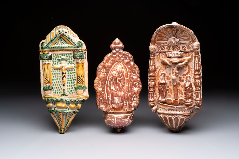 Two Hispano-Moresque lustre-glazed holy water fonts and a polychrome holy water font, Spain, 17/18th C.