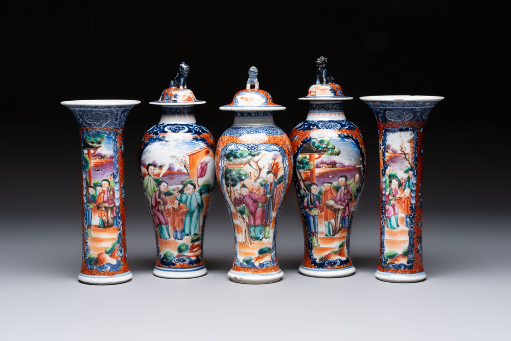 A Chinese famille rose garniture of five 'mandarin subject' vases, Qianlong