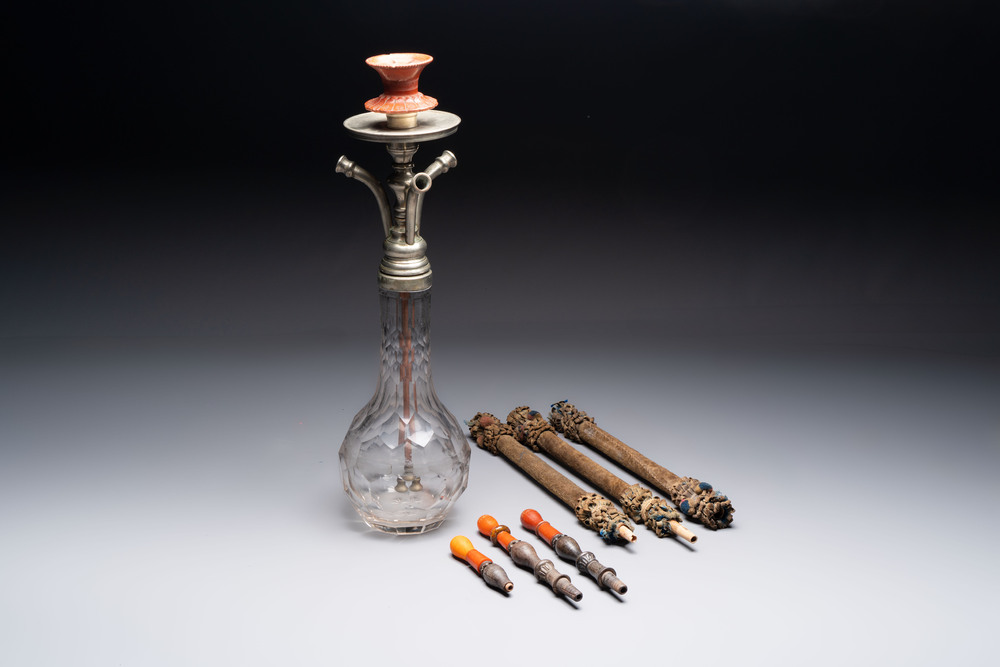 An Ottoman white-metal and Tophane pottery-mounted cut-crystal hookah, with three hose tubes and three amber-mounted mouthpieces, Turkey, 19th C.