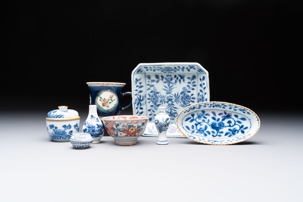 Eight Chinese blue, white, famille verte, and European-decorated wares, Kangxi/Qianlong