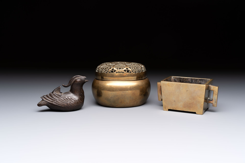 A Chinese mandarin duck-form water dropper, a hand warmer and a bronze censer, Zhen Wan 珍玩 and Zhang Mingqi Zhi 張鳴歧製 mark, 19th C.