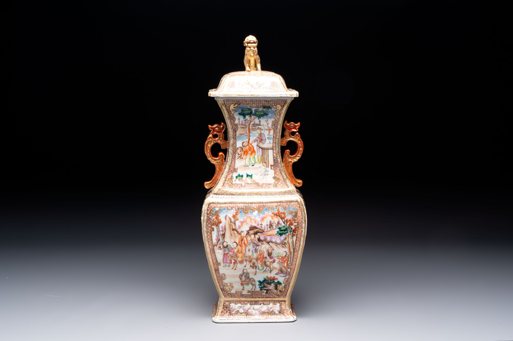 A Chinese Canton gilt-decorated famille rose covered vase with mandarin design, Qianlong
