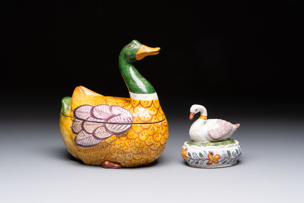 A polychrome Dutch Delft model of a duck and a swan, 19th C.