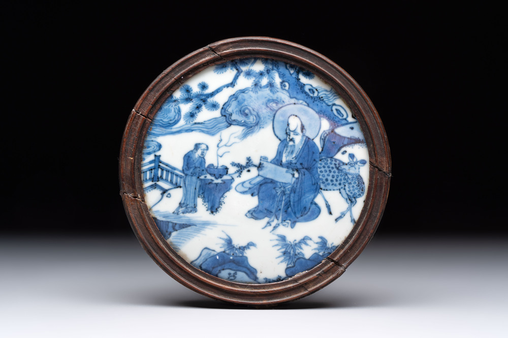 A fine and rare Chinese blue and white 'Shoulao' plaque with wooden mount, Wanli