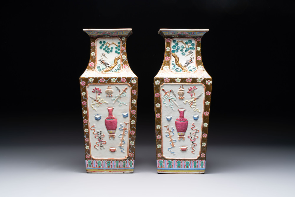 A pair of Chinese famille rose relief-moulded rectangular 'antiquities' vases, 19th C.