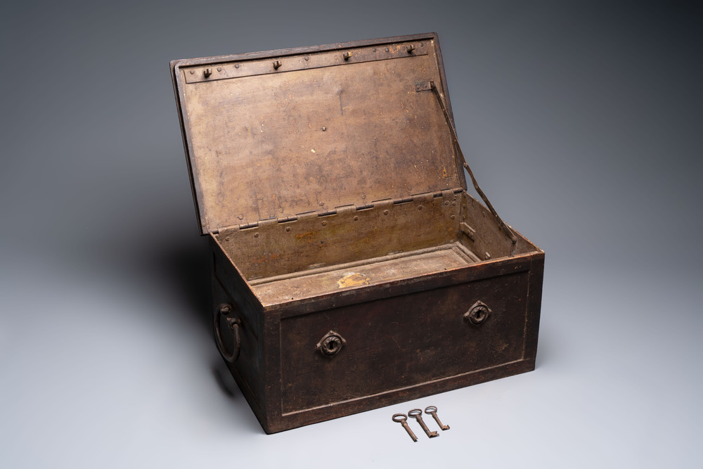 A large iron strongbox with three keys, France or Germany, 19th C.