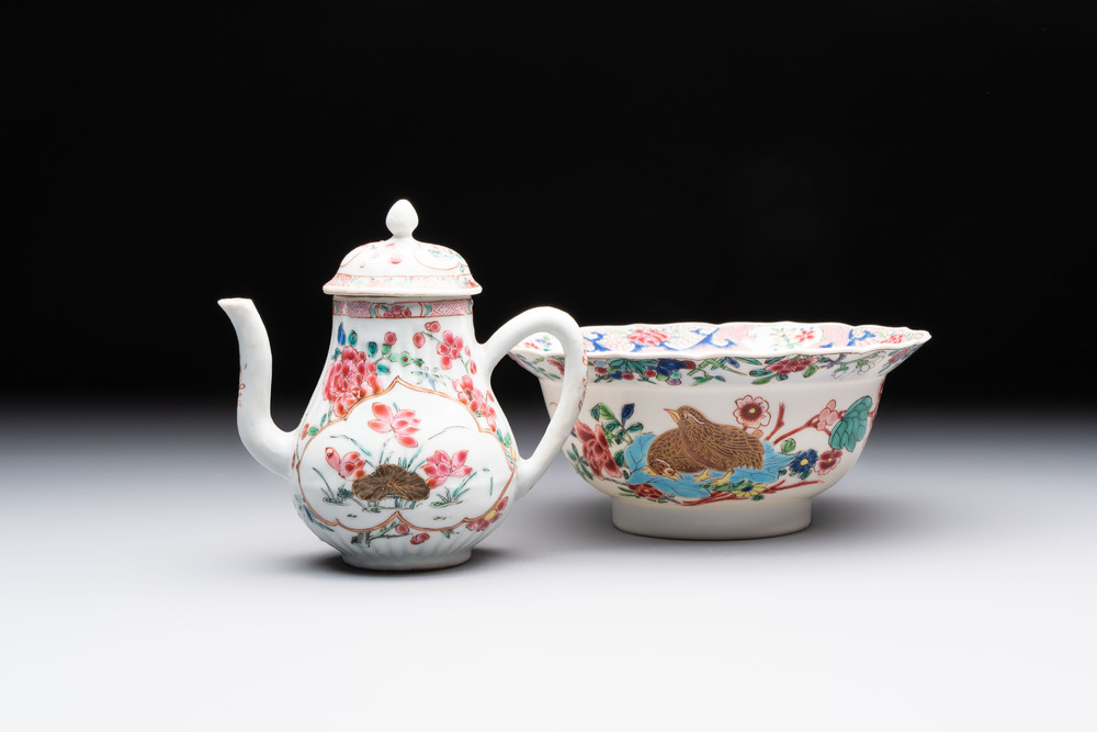 A Chinese famille rose teapot and a 'quails' bowl, Yongzheng