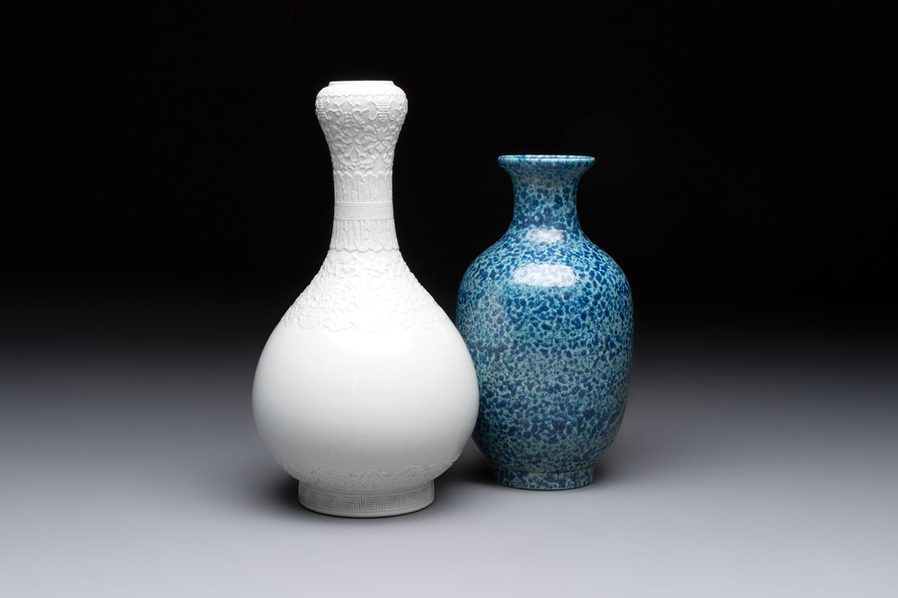A Chinese white-glazed garlic-head vase and a robin&rsquo;s egg-glazed vase, Qianlong mark, 20th C.