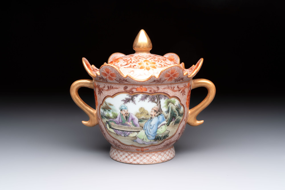 A Chinese famille rose two-handled bowl and cover, Qianlong mark, Republic