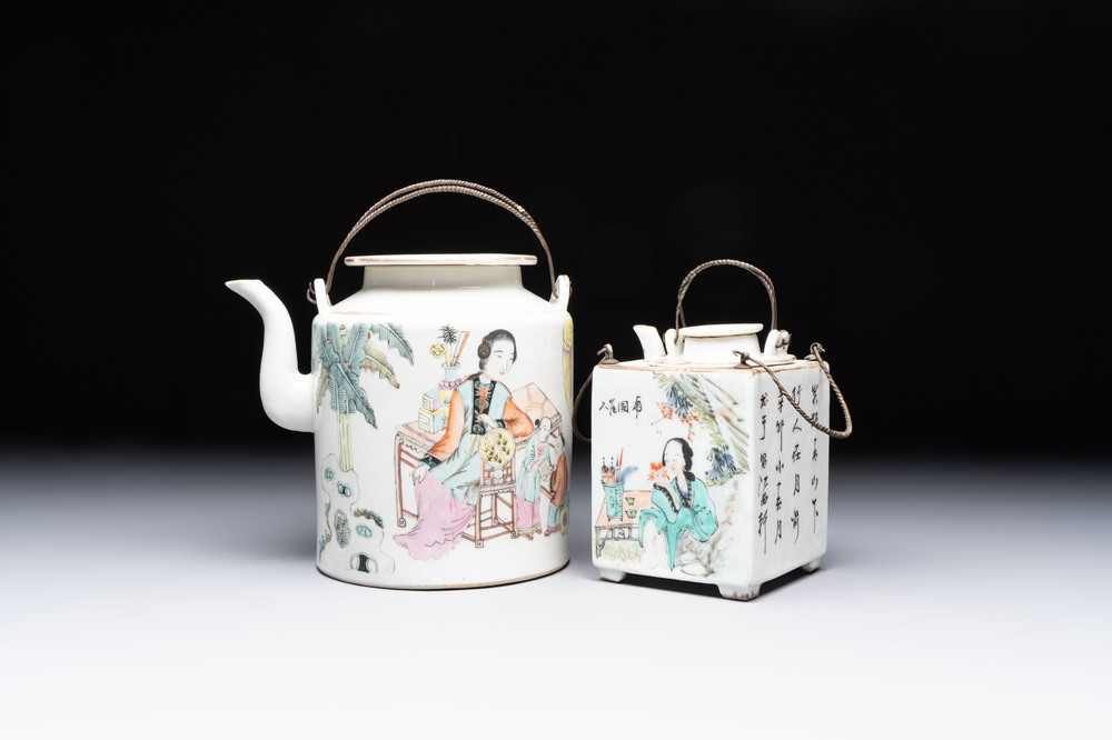A Chinese qianjiang cai covered teapot and a covered wine warmer, Tongzhi mark, 19/20th C.