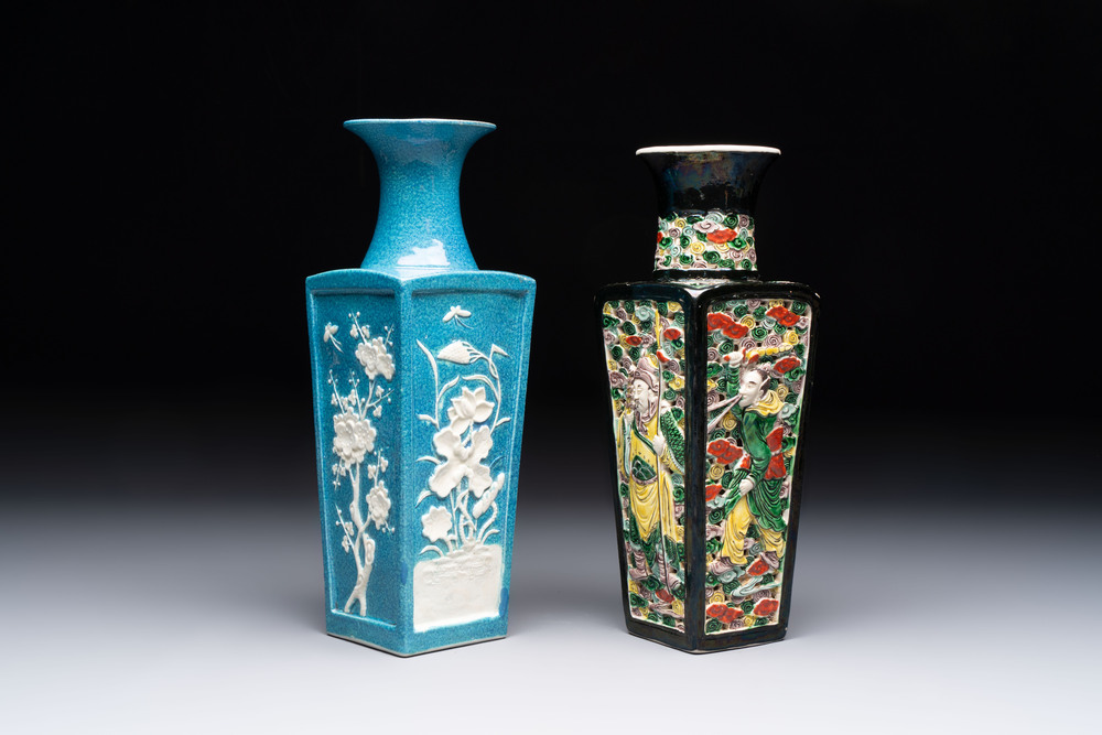 A Chinese robin's egg-glazed vase with relief floral design and a famille noire 'Four Heavenly Kings' vase, 19th C.