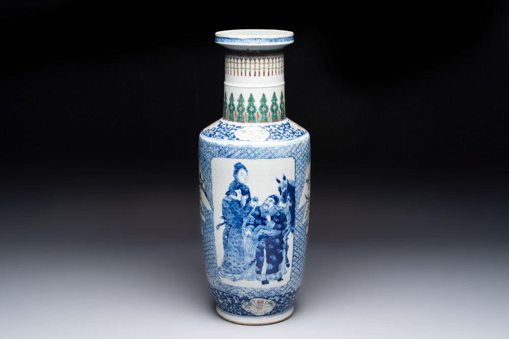 A Chinese blue, white and famille verte rouleau vase with figural and peacock design, Qianlong mark, 19th C.