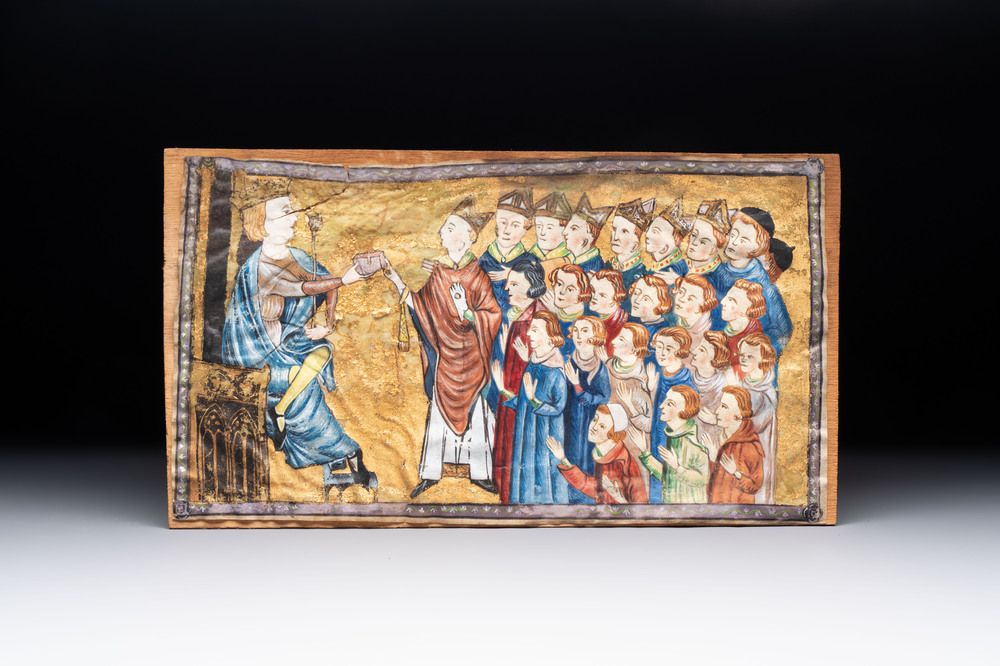 An illuminated manuscript fragment, ink, gouache and gold leaf on parchment, France, 19th C.