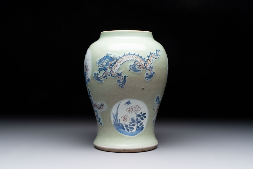 A Chinese blue, white and copper-red celadon-ground 'dragon and phoenix' vase, Kangxi