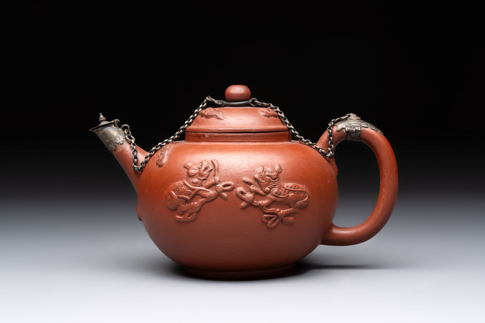 A Dutch Delft Yixing-style red earthenware teapot and cover, Ary De Milde mark, late 17th C.