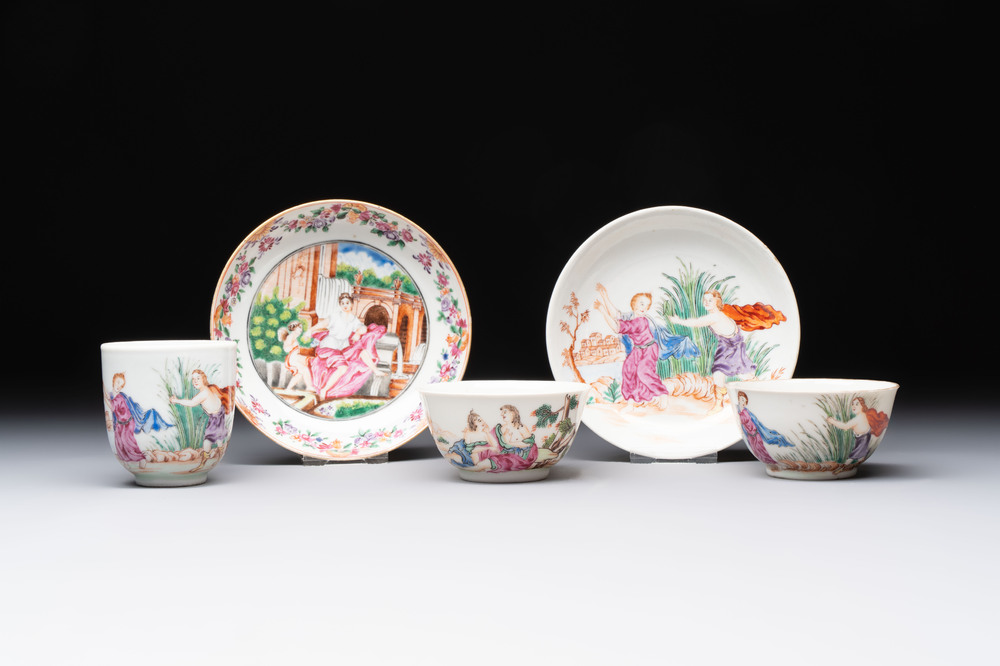 A varied collection of three Chinese famille rose 'mythological subject' cups and two saucers, Qianlong